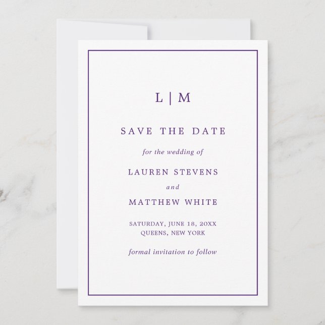 Einfache Lila Monogram Elegante Hochzeit Save The Date (Vorderseite)