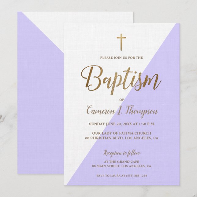 Einfache Lila White Gold Moderne Taufe Einladung (Vorne/Hinten)