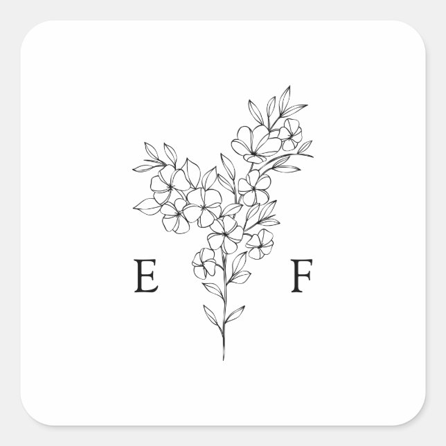 Einfache Line Cherry Blossom Wreath Monogram Weddi Quadratischer Aufkleber (Vorderseite)