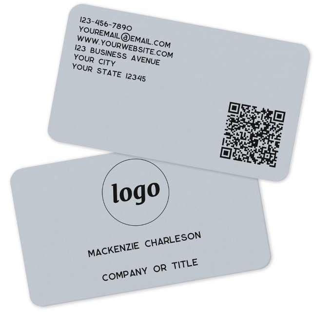 Einfache Logo- und QR-Code-Pulver Blau Visitenkarte (Simple logo with QR code and custom text dusty powder blue business card)