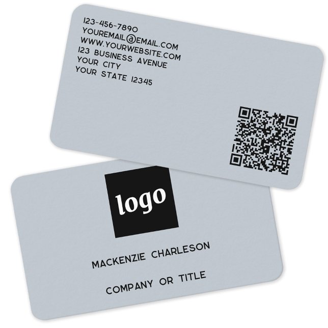 Einfache Logo- und QR-Code-Pulver Blau Visitenkarte (Simple logo with QR code and custom text dusty powder blue business card)