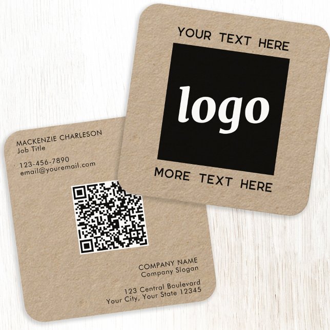 Einfache Logo- und Text-QR-Code Kraft Quadratische Visitenkarte (Logo QR code with custom text professional Kraft business card)