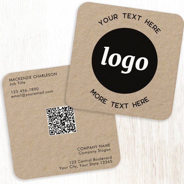 Einfache Logo- und Text-QR-Code Kraft Quadratische Visitenkarte (Logo Qr code and text custom square Kraft business cards)
