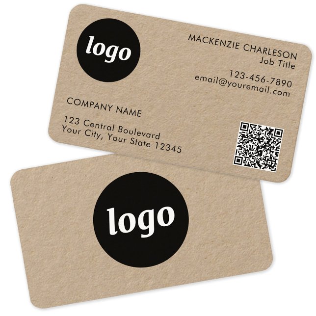 Einfache Logo- und Text-QR-Code Kraft Visitenkarte (Logo with QR code custom text Kraft business card)