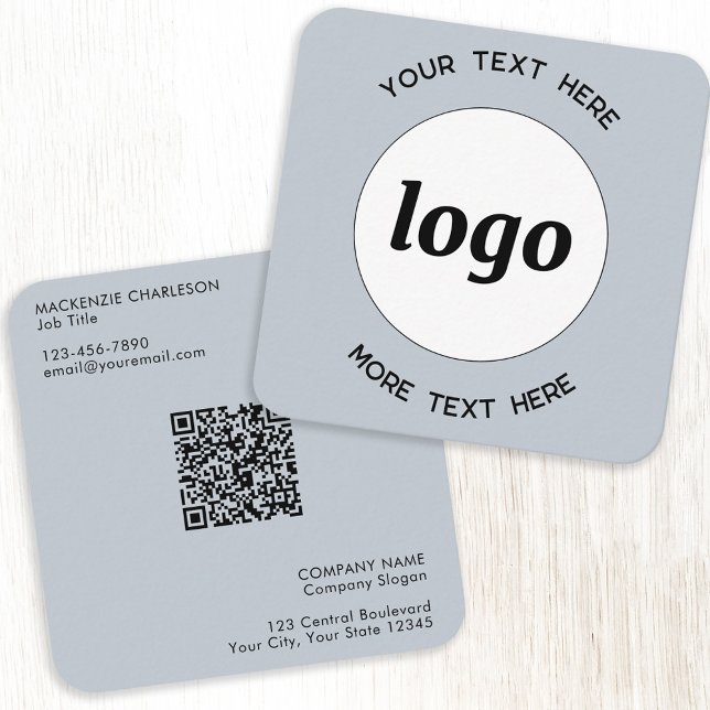 Einfache Logo- und Text-QR-Code-Pulver Blau Quadratische Visitenkarte (Logo and QR code custom text professional business card)