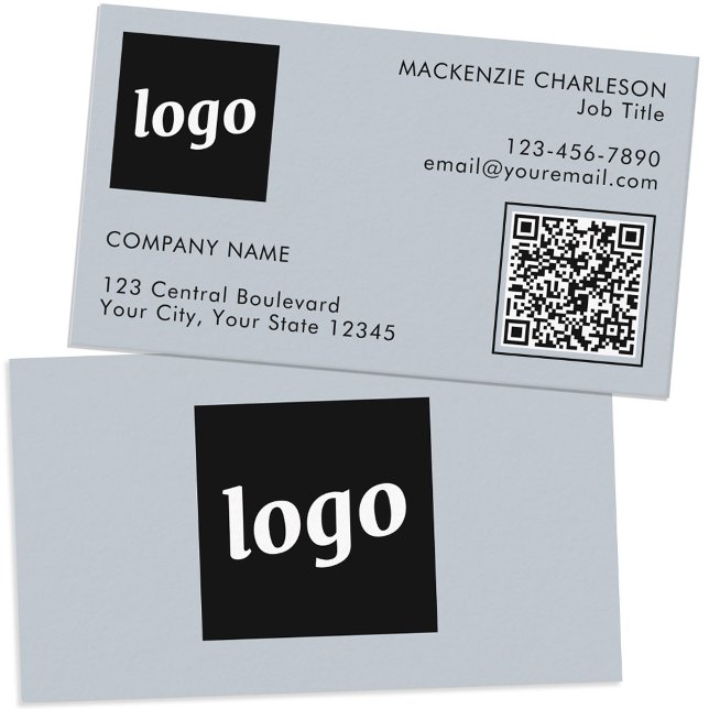 Einfache Logo- und Text-QR-Code-Pulver Blau Visitenkarte (Logo with QR code and custom text dusty powder blue mini business card)