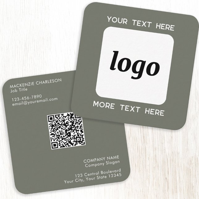 Einfache Logo- und Text-QR-Code-Seite Grün Quadratische Visitenkarte (Logo with QR code custom text business card)