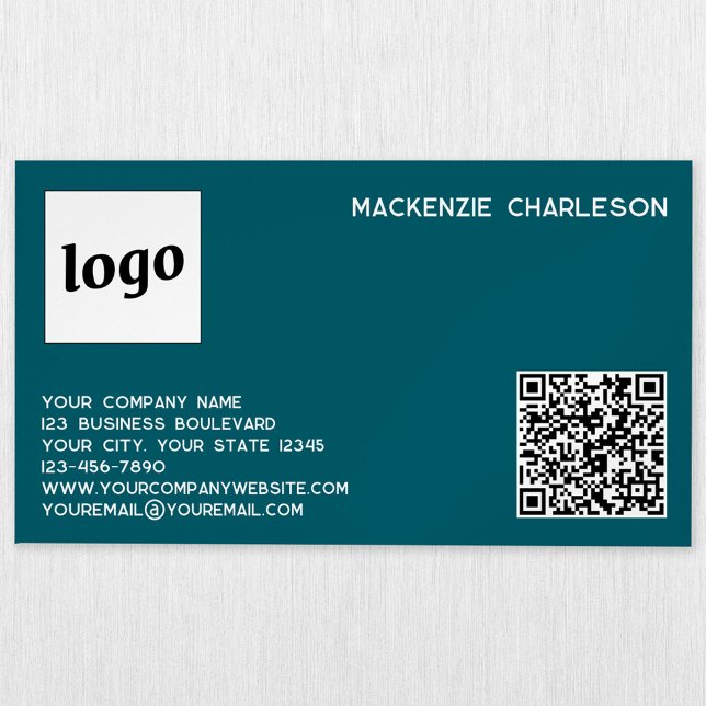 Einfache Logos und QR-Code Aquamarin grün Magnetische Visitenkarte (Simple logo with custom text business branding promotional magnetic business card teal green)