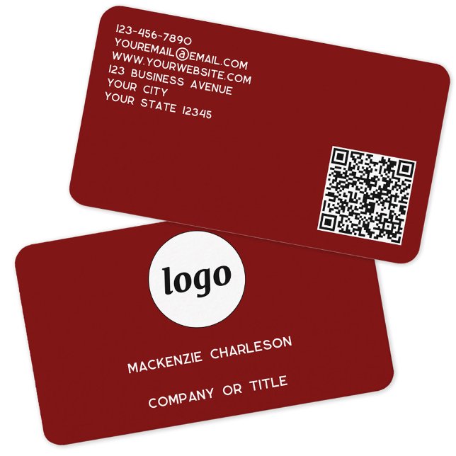 Einfache Logos und QR-Code Burgundy Red Visitenkarte (Simple logo QR code custom text professional branding promotional business card dark burgundy red)