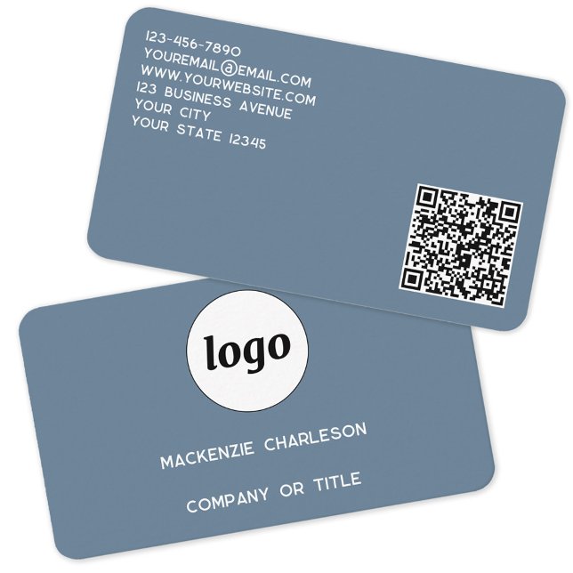 Einfache Logos und QR-Code Dusty Blue Gray Visitenkarte (Logo with QR code custom text blue gray professional business card)