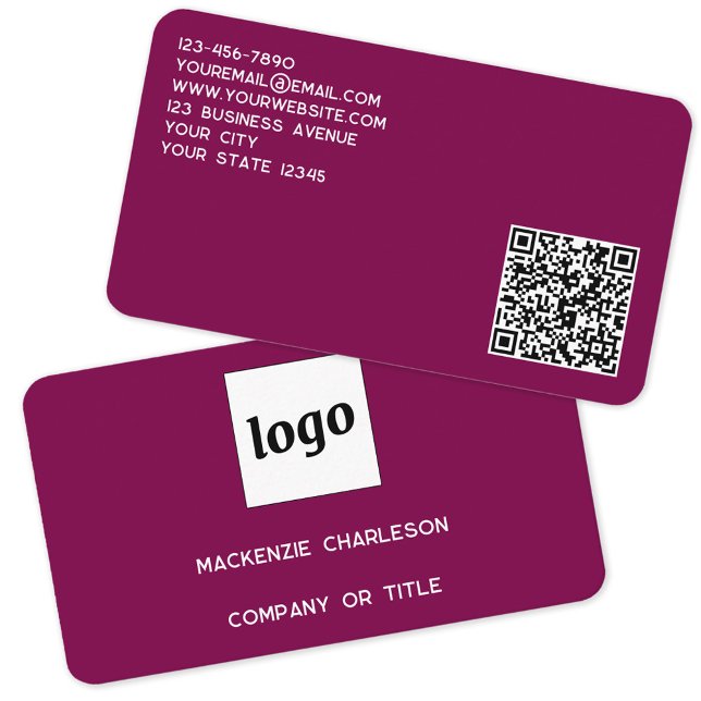 Einfache Logos und QR-Code Magenta Rosa Visitenkarte (Simple logo QR code custom text professional branding promotional business card dark magenta pink)