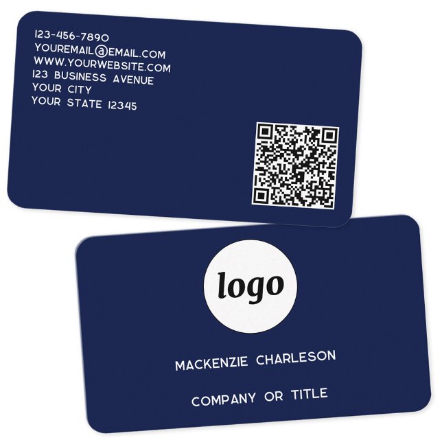Einfache Logos und QR-Code Navy Blue Visitenkarte (Logo with QR code and custom text navy blue professional business card)