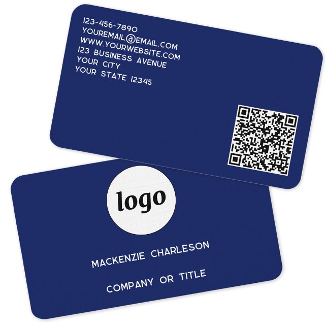 Einfache Logos und QR-Code Navy Blue Visitenkarte (Logo with QR code personalized modern professional navy blue business card)