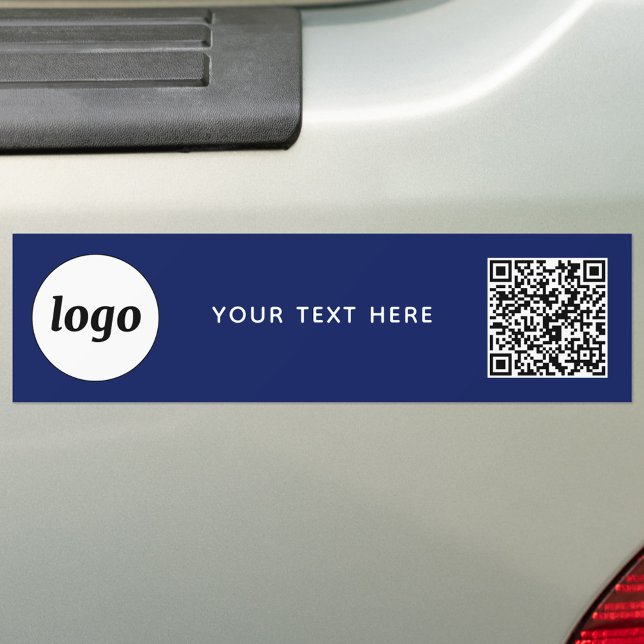 Einfache Logos und Text Business QR Code Navy Blue Autoaufkleber (Simple logo, QR code and custom text promotional business branding bumper sticker in navy blue)