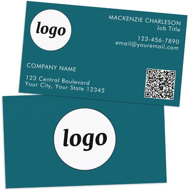 Einfache Logos und Text-QR-Code Aquamarin grün Visitenkarte (Simple logo QR code custom text professional branding business card teal green)