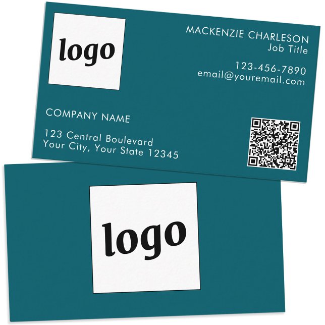Einfache Logos und Text-QR-Code Aquamarin grün Visitenkarte (Simple logo custom text professional branding business card teal green)