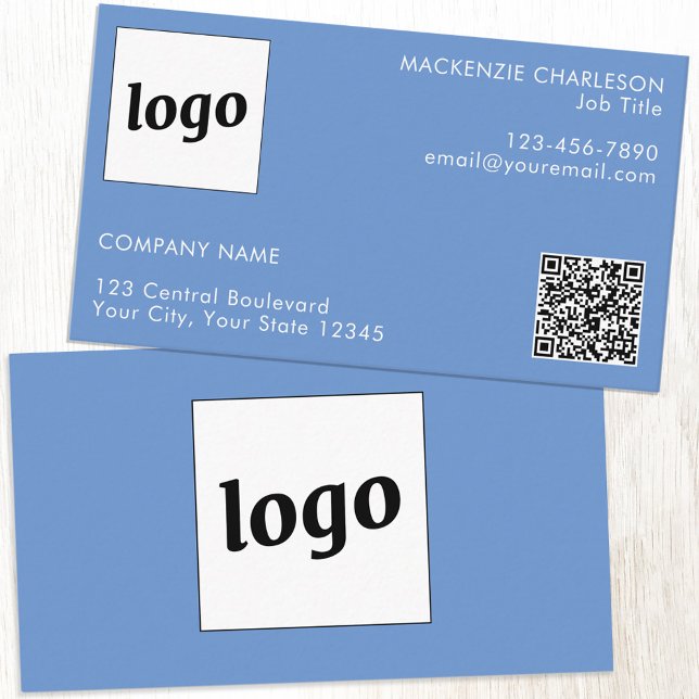 Einfache Logos und Text-QR-Code Blau Visitenkarte (Logo QR custom business card)