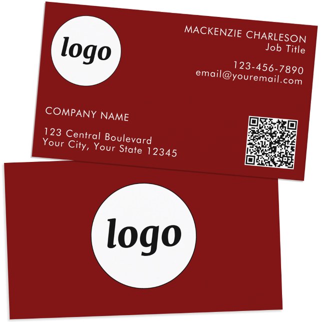 Einfache Logos und Text QR Code Burgundy Red Visitenkarte (Simple logo QR code custom text professional branding business card dark burgundy red)