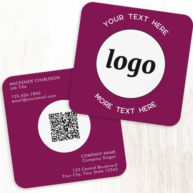 Einfache Logos und Text QR-Code Dunkel Kirsche Ros Quadratische Visitenkarte (Simple round logo QR code custom text professional branding business card dark magenta cherry pink)