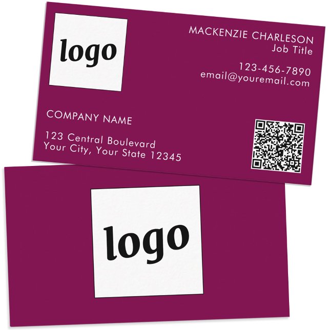 Einfache Logos und Text QR-Code Dunkel Kirsche Ros Visitenkarte (Simple logo custom text professional branding business card dark cherry magenta pink)