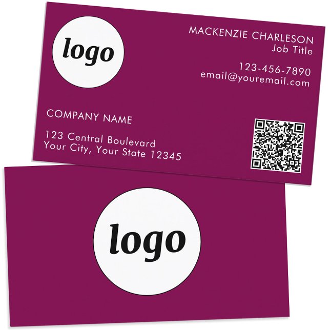Einfache Logos und Text QR-Code Magenta Rosa Visitenkarte (Simple logo QR code custom text professional branding business card dark magenta cherry pink)
