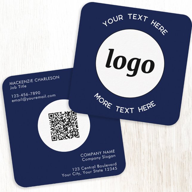 Einfache Logos und Text QR Code Navy Blue Quadratische Visitenkarte (Simple logo with custom text and QR code professional navy blue square business cards)