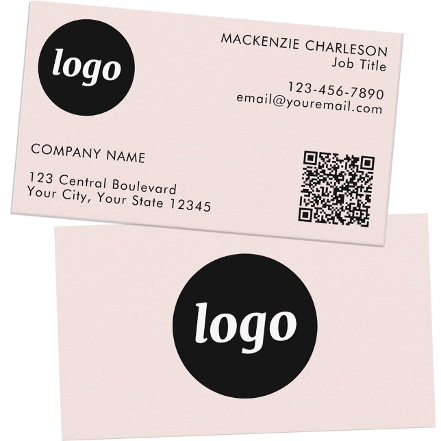 Einfache Logos und Text-QR-Code Rosa Visitenkarte (Logo with QR code and custom text blush pink business cards)