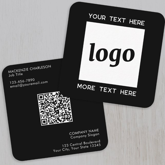 Einfache Logos und Text-QR-Code Schwarz Quadratische Visitenkarte (Logo with QR code custom text black square business card)