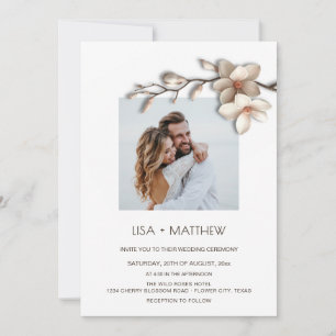 Einfache Magnolie Casual Hochzeitsfoto Einladung
