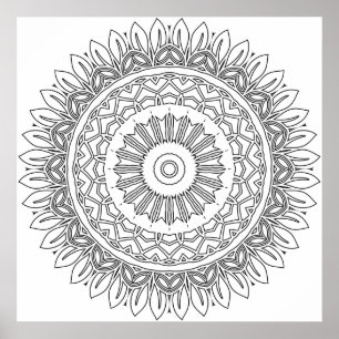 Einfache Malvorlage Mandala mit Blatt-Blütenblattr Poster