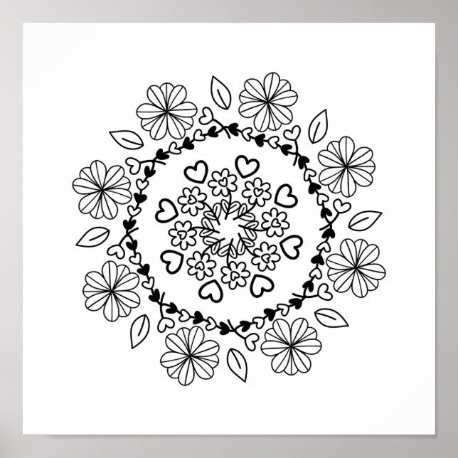 Einfache Mandala aus schwarzem Blumenmuster auf we Poster (Vorne)