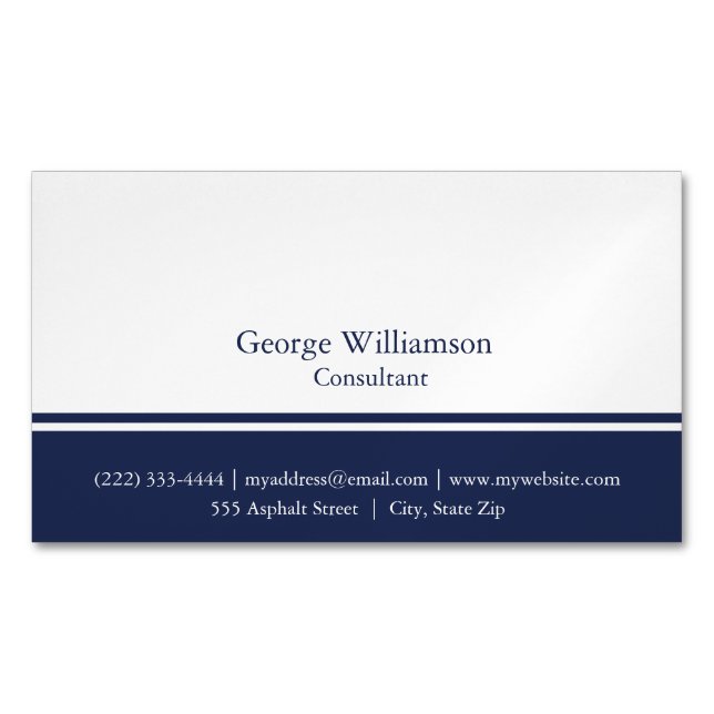 Einfache Marine Blau und Weiß Magnetische Visitenkarte (Vorderseite)