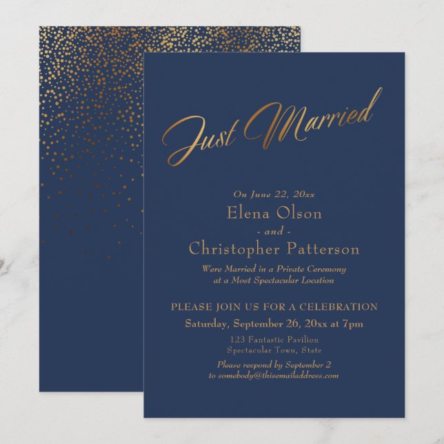 Einfache Marine & Gold Just Married Script Confett Einladung (Vorne/Hinten)
