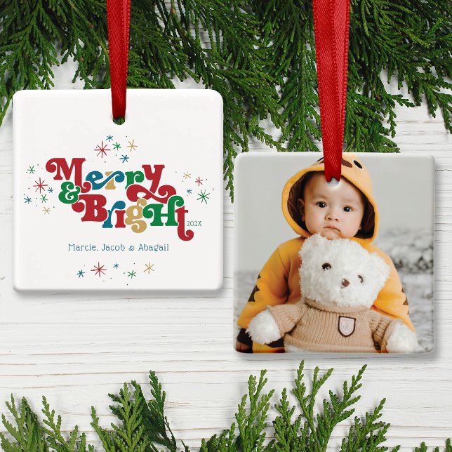 Einfache Merry & Bright Foto Keramik Ornament (Von Creator hochgeladen)