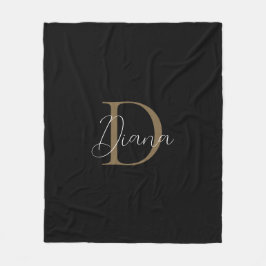 Einfache Midnight Black Mossy Gold Script Monogram Fleecedecke