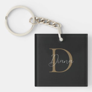 Einfache Midnight Black Mossy Gold Script Monogram Schlüsselanhänger