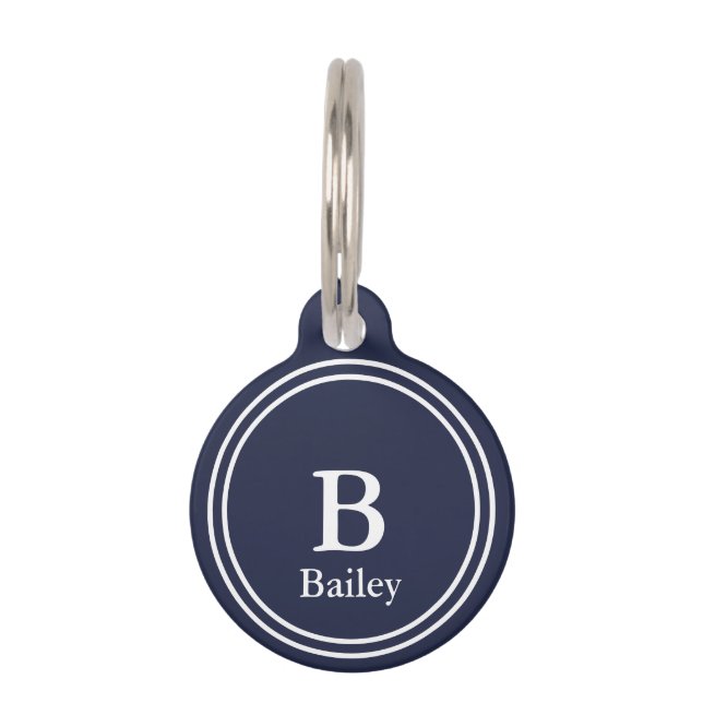 Einfache Midnight Blue & White mit Name & Monogram Haustiermarke (Vorderseite)
