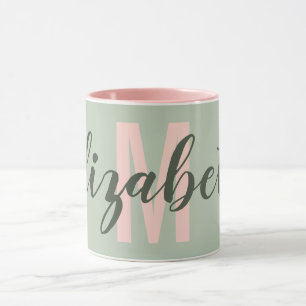 Einfache Militär-Light Green Blush Pink Monogramm Tasse