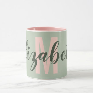 Einfache Militär-Light Green Blush Pink Monogramm Tasse