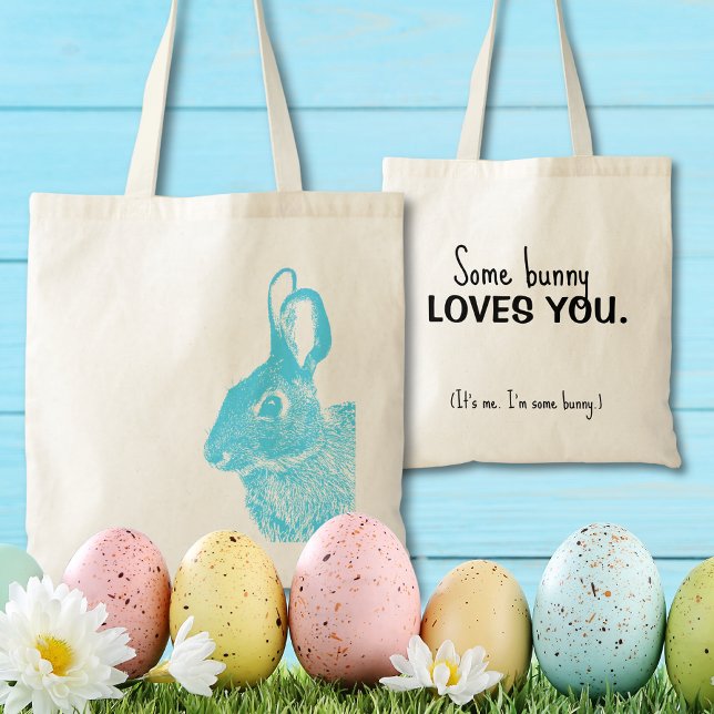 Einfache Minimal Blue Oaster Bunny Tragetasche (Blue rabbit "some bunny loves you" stamped bunny bag is a cute alternative to a basket)