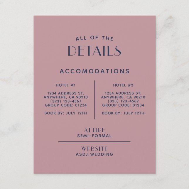 Einfache Minimal Blush Navy Hochzeitsdetails Begleitkarte (Vorderseite)