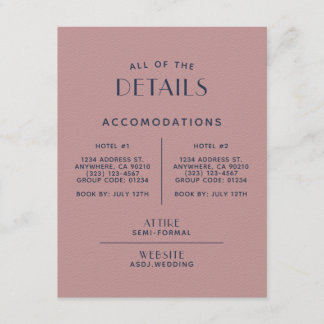 Einfache Minimal Blush Navy Hochzeitsdetails Begleitkarte