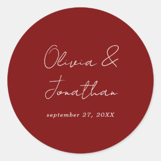 Einfache Minimal Burgundy Red Script Wedding Runder Aufkleber