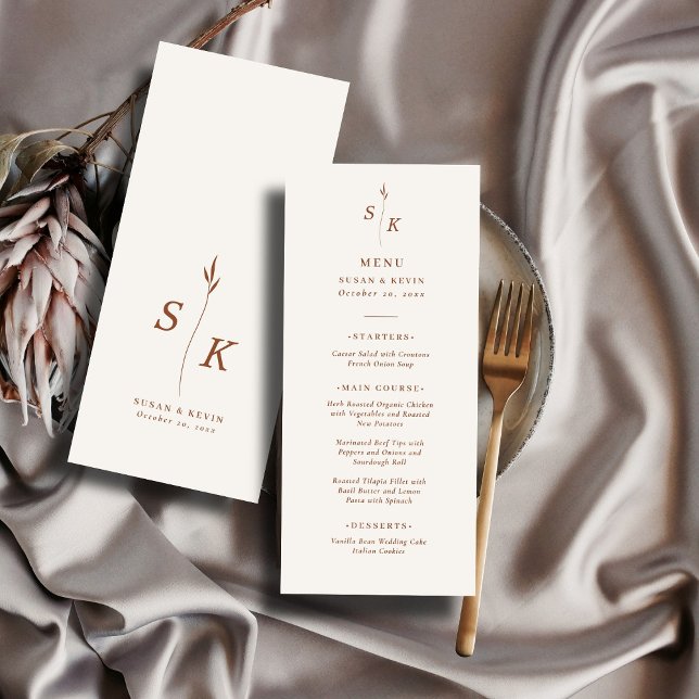 Einfache Minimal Chic Elegance Leaf Monogram Weddi Menükarte (Von Creator hochgeladen)