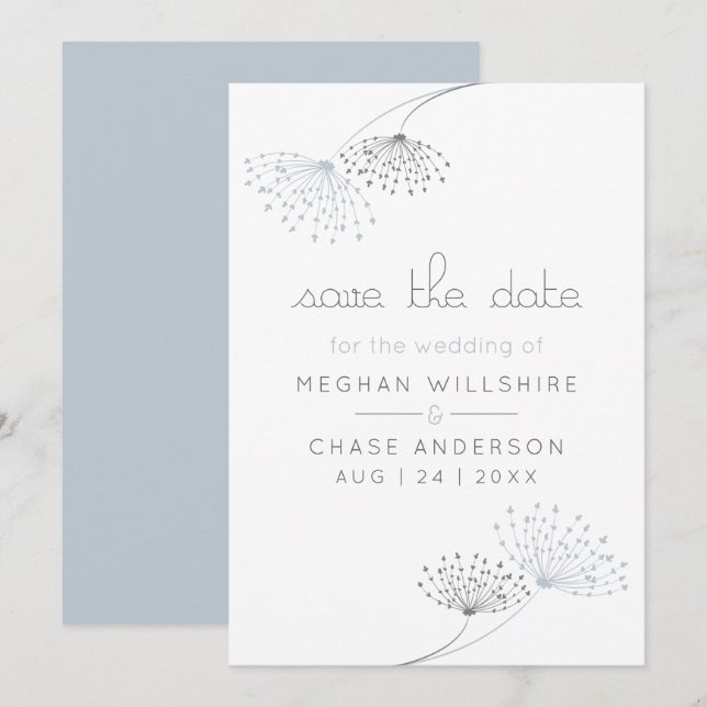 Einfache Minimal Dusty Blue Blumen Einladung (Vorne/Hinten)