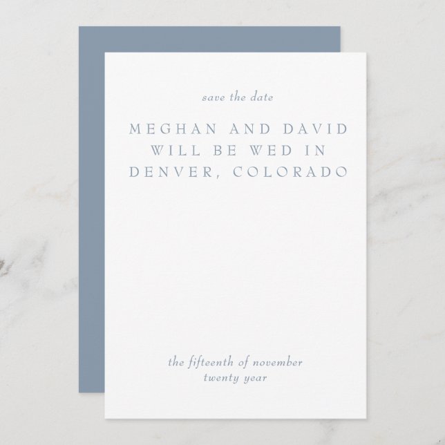 Einfache Minimal Dusty Blue Modern Save the Date (Vorne/Hinten)
