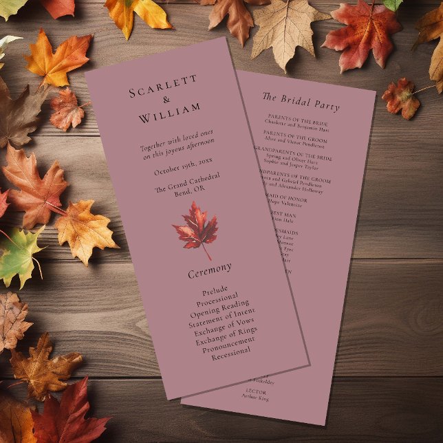 Einfache Minimal Fall Leaf Mauve Wedding Programm (Von Creator hochgeladen)