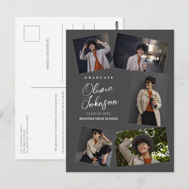 Einfache Minimal Graduate Gray 6 Foto Ankündigung Postkarte (Vorne/Hinten)