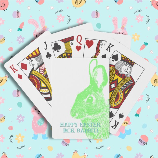Einfache Minimal Grün Ostersonne Spielkarten (Cute Easter bunny playing cards with stamp like rabbit from a real photo. Customizable with name.
)