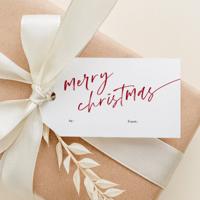 Einfache Minimal Script frohe Weihnachten Geschenkanhänger (Simple red and white modern script merry christmas gift tag with hand-drawn stripe pattern on back.)